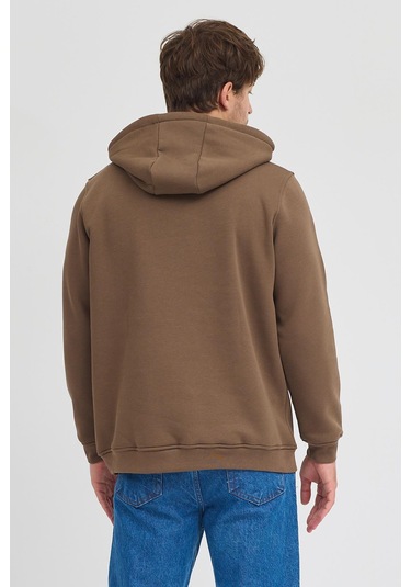 Erkek Kahverengi Standart Fit Normal Kesim Içi Polarlı 3 Iplik Kapüşonlu Pamuklu Sweatshirt Kahverengi