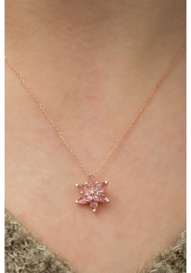 Ervanur Kadın Rose Altın Kaplama Taşlı Lotus Çiçeği Kolye Pembe