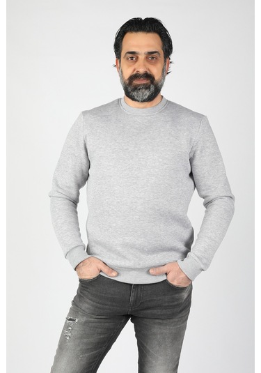 Erkek Sıfır Yaka Ribanalı Sweatshirt Gri