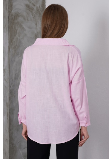Paw Garage Kadın London Keten Tek Cepli Oversize Gömlek, Premium Kalite Keten Gömlek Pembe