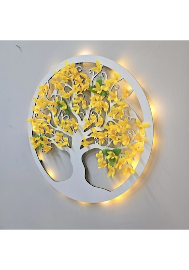 Led Işıklı Ve Sarı Sakura Hayat Ağacı Tablo 40cm - Beyaz