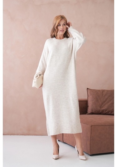 Kadın Bisiklet Yaka Yumuşak Dokulu Maksi Boy Şardonlu Oversize Triko Elbise 8324sw Taş