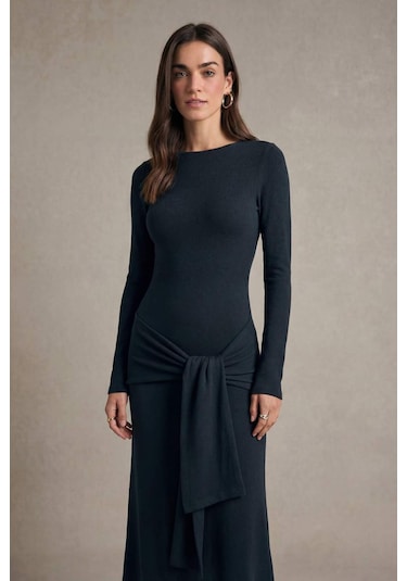 Defacto Bodycon Vücudu Saran Penye Midi Elbise G7878ax26spnv253 Lacivert-nv253