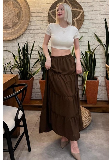 Madmext Acı Kahve Basic Pileli Kadın Uzun Etek Acı Kahverengi