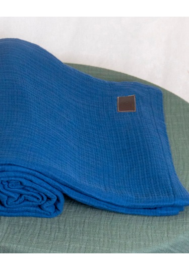 4 Katlı Müslin Yatak Örtüsü - Battaniye Pike %100 Organik Pamuk Dört Mevsim Yumuşak Gots Sertifikalı Lacivert