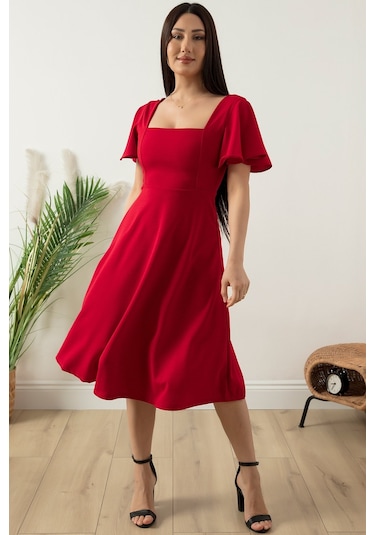 Kalopya Volanlı Kol Kare Yaka Elbise 932-2959- Kırmızı