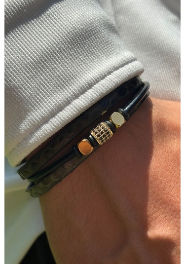 Taşlı Yılan Derisi Desenli El İşçiliği İle Üretilmiş Hakiki Deri Erkek Bileklik Siyah - Altın