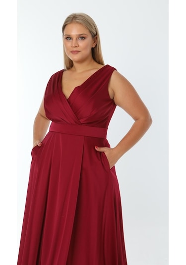 Ladies First Büyük Beden 3434 Bordo Uzun Abiye Elbise