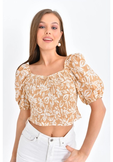 Kadın Çiçek Desenli Gipe Detay Balon Kol Crop Bluz CAMEL