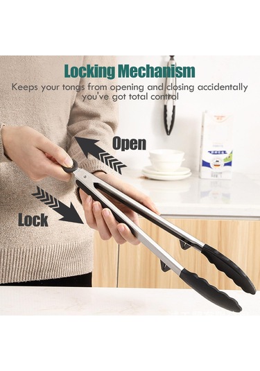 Suofeng 3'lü Siyah 30cm Paslanmaz Çelik Mutfak Kelepçesi - Silikon Uçlu, Makarna Ve Salata Bufetleri İçin Izgara Kelepçesi Siyah