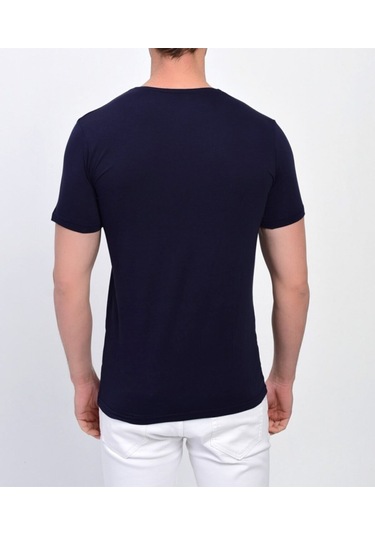 Nacar Store Erkek Siyah Bisiklet Yaka Likralı Basic T-shirt Lacivert
