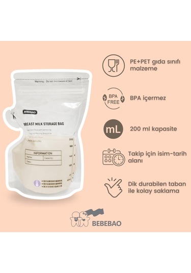 Bebebao Anne Sütü Saklama Poşeti 200 Ml 50'li