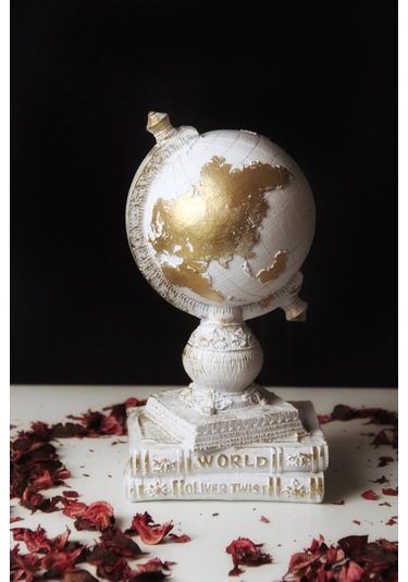 Doremcy Dekoratif Gümüş Kitaplı Dünya Küre Ev Ve Ofis Hediyelik Polyester Döküm Biblo Beyaz