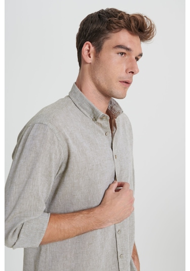 Erkek Hakı Comfort Fit Rahat Kesim Düğmeli Yaka Keten Gömlek Haki