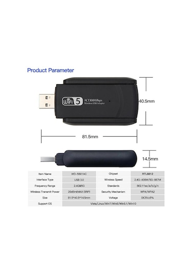 Dual Band USB 3.0 Adaptör Kablosuz Wifi Alıcı AC1300
