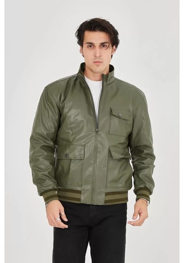 Erkek Fermuarlı İçten Elyaf Ve Astarlı Suni Deri Ceket - Koyu Yeşil Çok Renkli