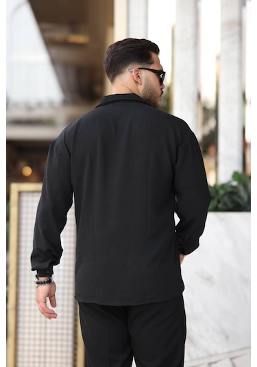 Tex Republic Erkek Siyah Rahat Kesim Dokulu Oversize Salaş Aerobin Gömlek Siyah