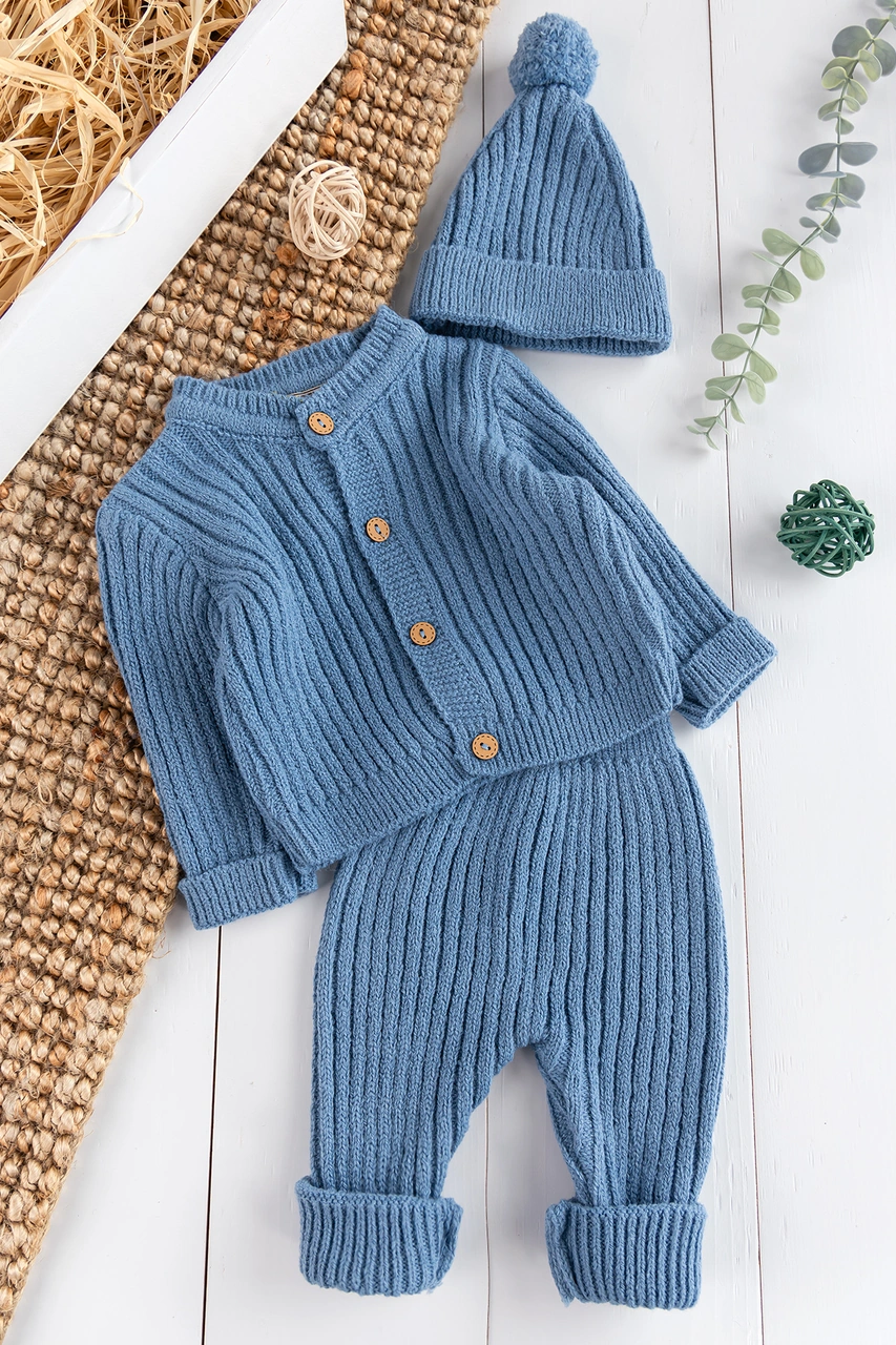 Babymod Triko Hırkalı Bereli Unisex Kışlık Şapkalı Bebek Takım İndigo