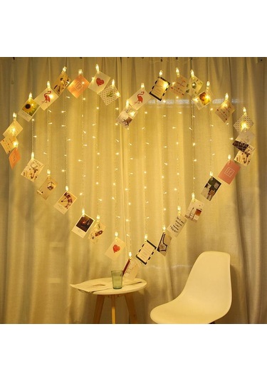 Fotoğraf Asılabilen Kalp Şeklinde Mandallı 2x1,5 Sarı Perde Led, Sevgiliye Sürpriz İçin Fotoğraf Albümü