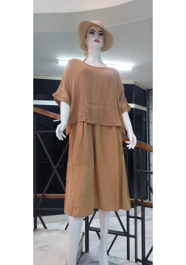 İtalyan Müslin Keteni Üstü File Bluzlu Astarlı Tek Parça Elbise Camel