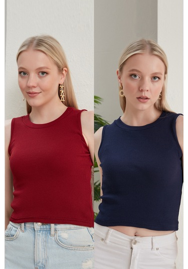 Catspy Kadın Halter Yaka 2'li Crop Bluz Atlet Bordo - Lacivert