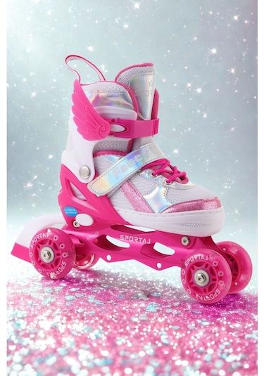 Melek Kanatlı Işıklı Çocuk Pateni Silikon Teker Ayarlanabilir Paten Taşıma Çantalı Fuşya Koyu Pembe