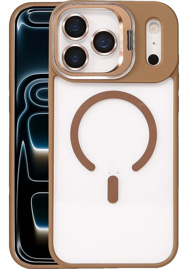 İphone Uyumlu 17 Pro Kılıf Remim Magsafe Lensli Kamera Standlı Kapak Kahverengi