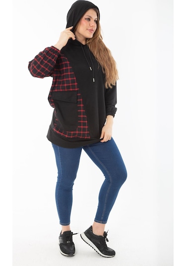 Kadın Büyük Beden Siyah Ekose Garnili Kapşonlu Sweatshirt 65n37289-siyah Siyah