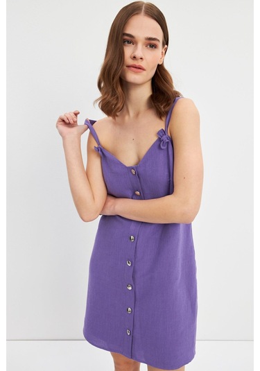 Stella Pulvis Mor Askılı Keten Mini Elbise Mor