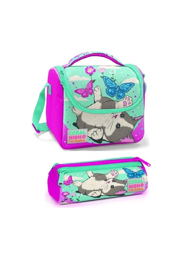 Coral High Kız Çocuk Pembe Yeşil Kedi Beslenme Çantası Seti
