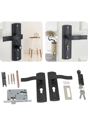 Vkemall Ev İç Kapısı Kilidi Seti - Sessiz Mangan Çelik Kollu, Ev Odaları/ofisler İçin Evrensel Siyah Kilit 3.5-5cm Kalınlık Uyumlu