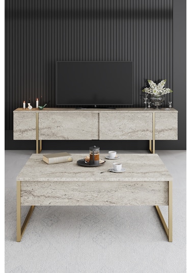 Luxe Gold Demir Ayaklı Traverten Orta Sehpa Traverten - Gold