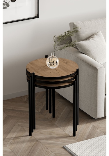 Nice 3'lü Zigon Sehpa Siyah Metal - Atlantik Çam Tabla