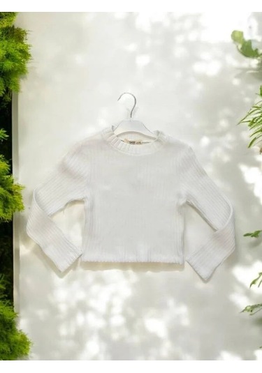Kız Çocuk Kışlık Yuvarlak Yaka Fittili Basıc Kazak-14427 Beyaz