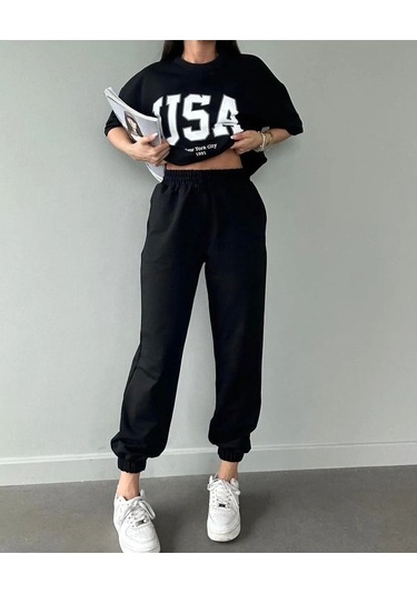 Usa T-shirt Eşofman Altı Jogger- Siyah Baskılı Alt Üst Eşofman Takım Oversize Bisiklet Yaka Siyah