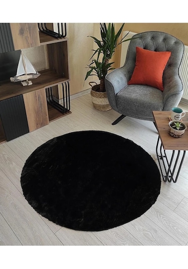Raschel Carpet Siyah Lüks Raschel Taban Yıkanabilir Kaymaz Taban Yuvarlak Peluş Halı Yolluk Siyah