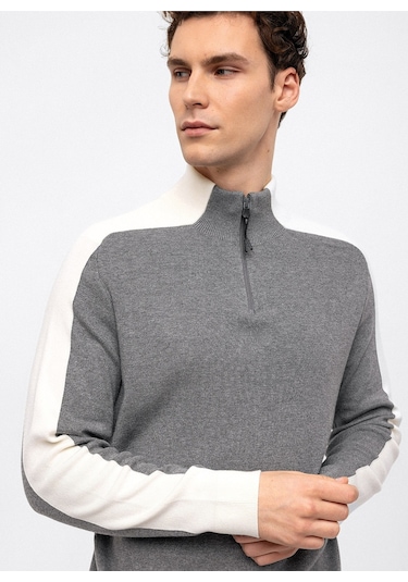 Dik Yaka Regular Fit Düz Gri Erkek Kazak B33w40029 001