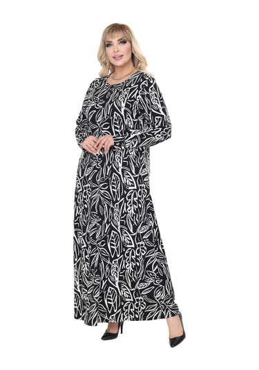 Melsay Butik Siyah Yaprak Desen Uzun Kollu Kadın Tesettür Elbise Siyah
