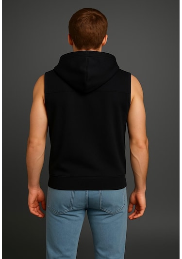 Axxel Erkek Siyah Fermuarlı Kapüşonlu Kanguru Cepli Kolsuz Yelek-y1142 Siyah