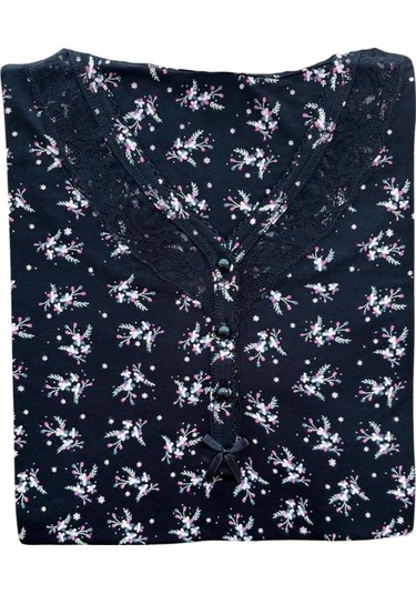 Kadın Desenli Bambu %100 Pamuk Mevsimlik Uzun Kol Gecelik -geniş Kesim Anne Kalıp Lacivert