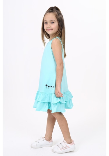 Toontoy Kız Çocuk Palmiye Baskılı Fırfırlı Elbise Su Yeşili