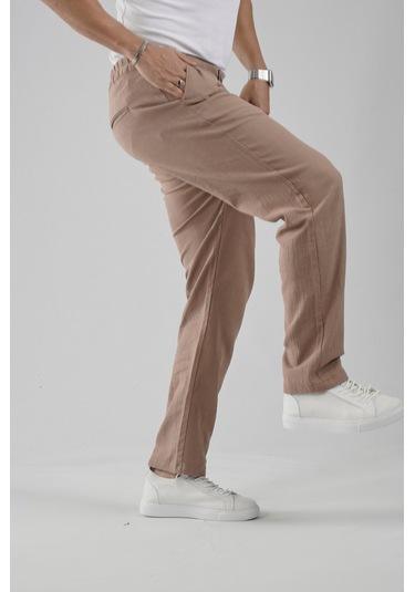 Baggy Fit Kalıp Pamuklu Keten Pantolon VİZON