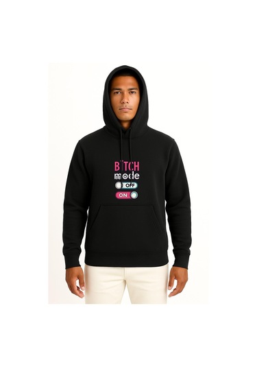 Kapüşonlu Bitch Mode On-off Göğüs Tasarımlı Unisex Sweatshirt Siyah