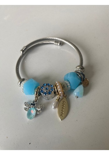 Uzel Çelik Gümüş Silver Model Forever Yazılı, Arı Charmlı Çelik Bileklik Mavi