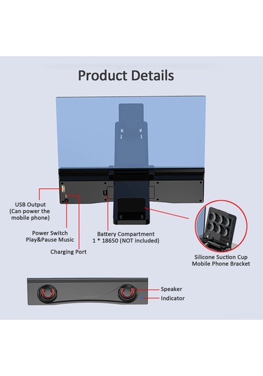 Tenfowee F12 Bluetooth Hoparlörlü 12 İnç Hd Ekran Büyütücü - Usb/18650 Pil İle Çalışır Pil Dahil Değil