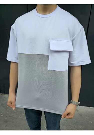 Unisex Torba Cep Detaylı Parçalı T-shirt - Gri Gri