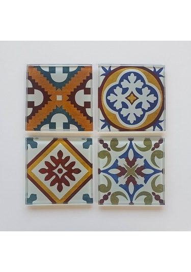Decorita Cam Bardak Altlığı | Çini Desen |4'lü Takım| 10cm x 10cm Çok Renkli