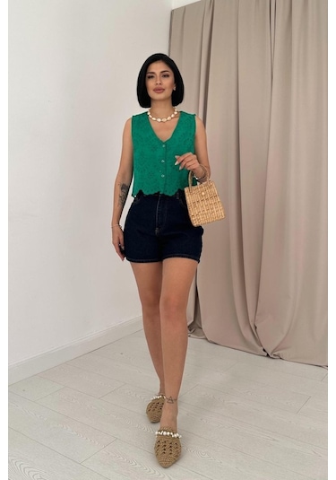 Modaserdem Yeşil Sıfır Kol Brode Bluz Yeşil