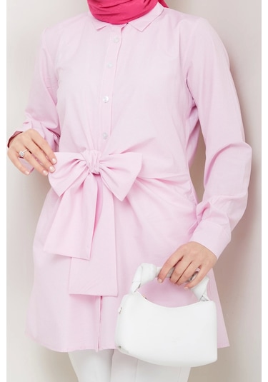 Çizgili Poplin Bağlamalı Gömlek - Pudra / Ü103 Pudra
