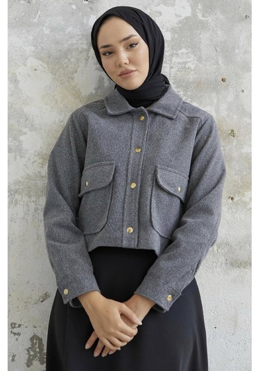 Kısa Cepli Kaşe Mont Gri